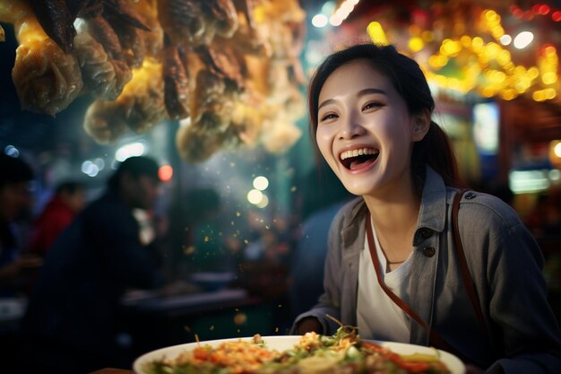 Une belle femme mangeant joyeusement dans un marché alimentaire de rue la nuit