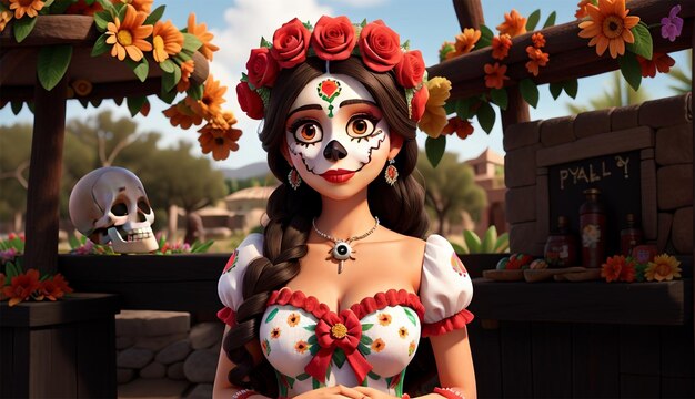 Photo belle femme avec un maquillage de dia de los muertos avec des roses rouges et oranges