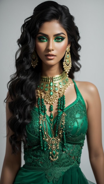 Belle femme avec un maquillage vert et une couleur créative des ongles