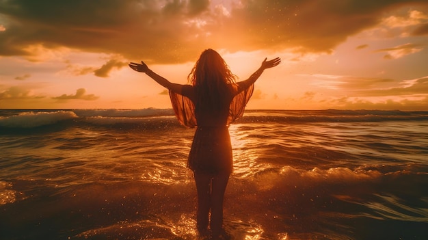 Belle femme marchant dans l'eau avec vue sur le coucher du soleil