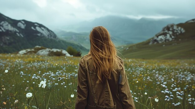 Une belle femme marche dans les montagnes du printemps