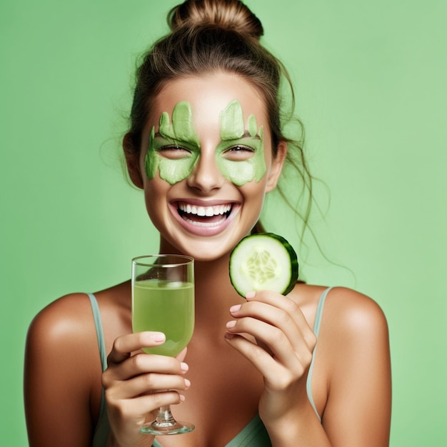 Belle femme avec masque facial tenant un verre de jus et une tranche de concombre