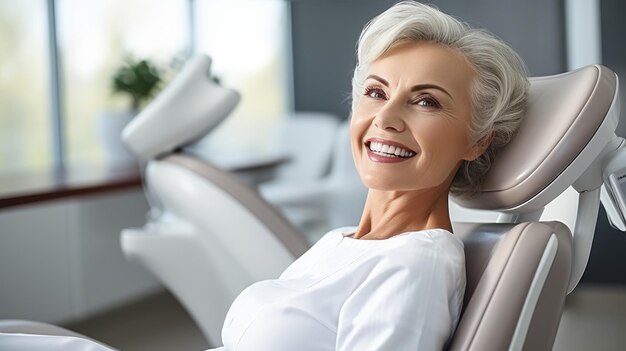 Une belle femme mature souriante assise dans un fauteuil dentaire à la clinique.