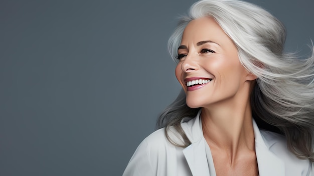 Belle femme mature vieillissante aux cheveux gris et au visage souriant heureux