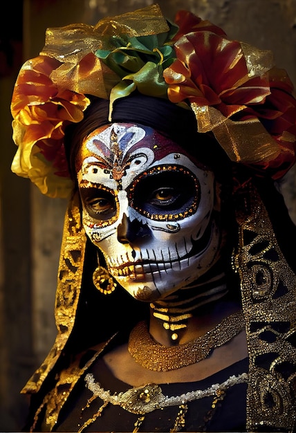 Une belle femme mexicaine dans un costume de mariachi portant un chapeau et avec un dessin d'un crâne sur son visage concept de vacances mexicaines