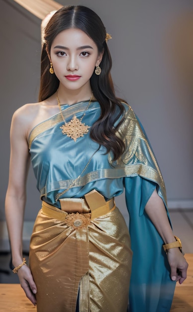 Une belle femme mignonne portant une robe thaïlandaise aux couleurs holographiques pose comme modèle