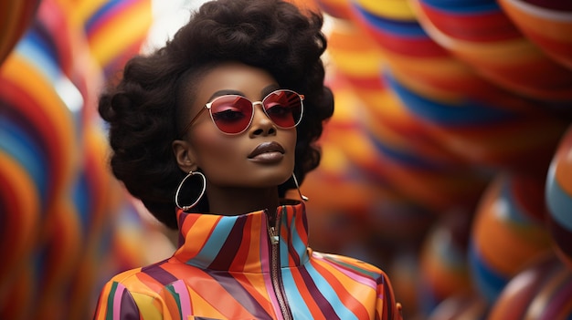 belle femme de mode afro-américaine en lunettes de soleil et turban avec un foulard coloré sur la tête contre un fond jaune