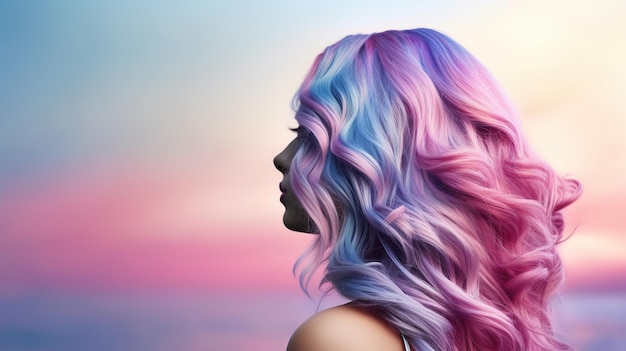 Belle femme de mode avec des cheveux colorés bleu rose et violet vue de l'arrière IA générative