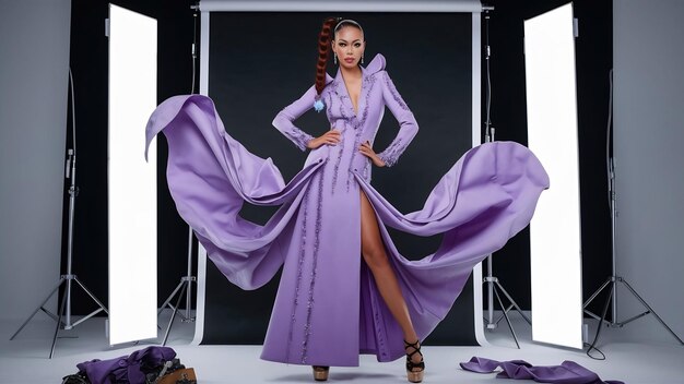 Photo une belle femme de mode en robe violette longue coiffure avec des queues de cochon pose en studio