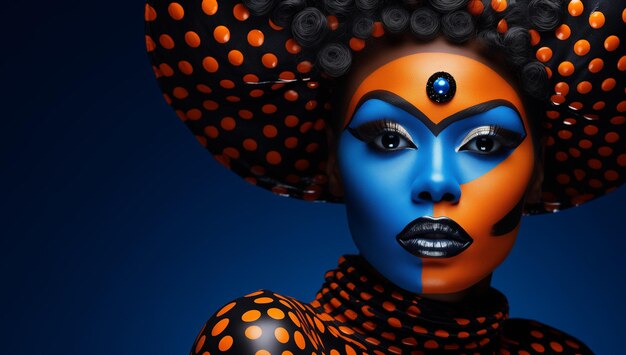 Belle femme de mode avec son visage peint en bleu et orange sur un fond bleu foncé