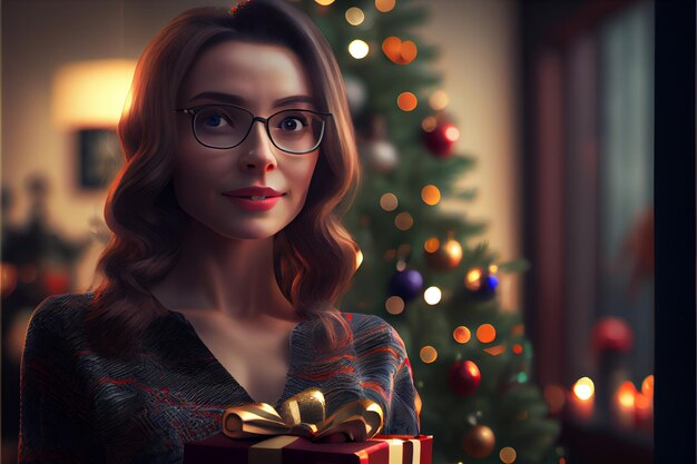 Belle femme Modèle 3D debout tenant un cadeau Il y a un arbre de Noël décoré en arrière-plan avec des lumières