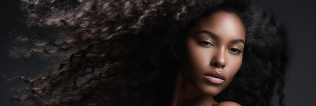 Photo belle femme modèle avec une longue coiffure bouclée produits capillaires de soins et de beauté