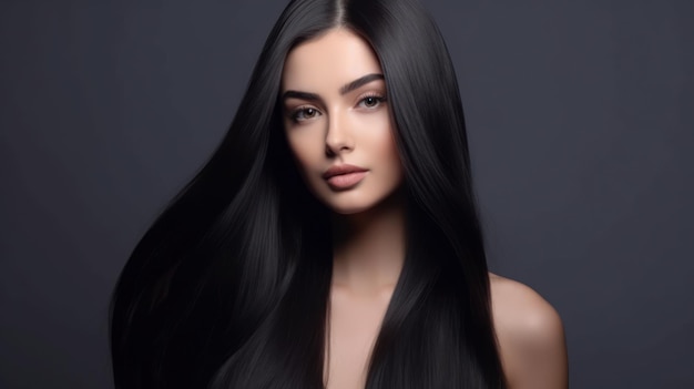 Belle femme modèle avec une longue coiffure Produits capillaires de soins et de beauté