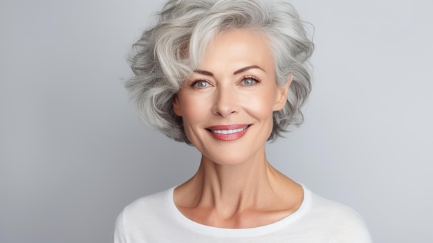 Belle femme mûre souriante aux cheveux gris courts sur fond clair