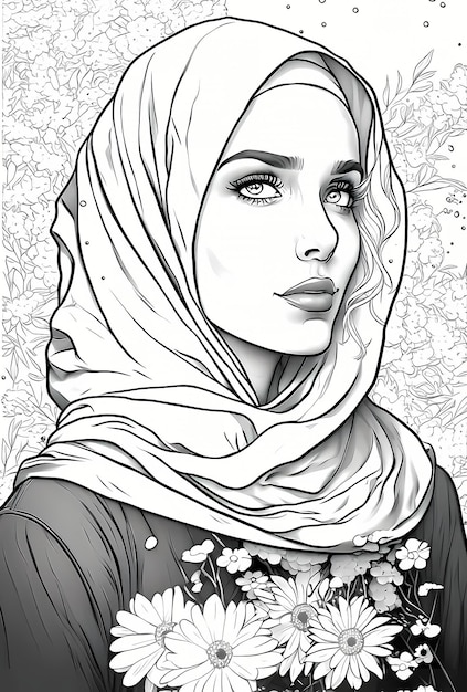 Belle Femme Musulmane Arabe Avec Hijab Portrait Coloriage