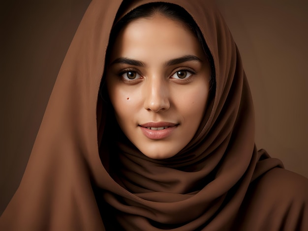 Une belle femme musulmane portant un hijab brun professionnelle en tenue décontractée isolée sur un fond brun Concept religieux islamique