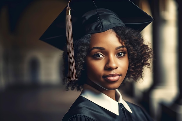 Belle femme noire américaine portant un bonnet de graduation Étude de l'éducation concept de diplômé universitaire collégial Illustration de l'IA générative