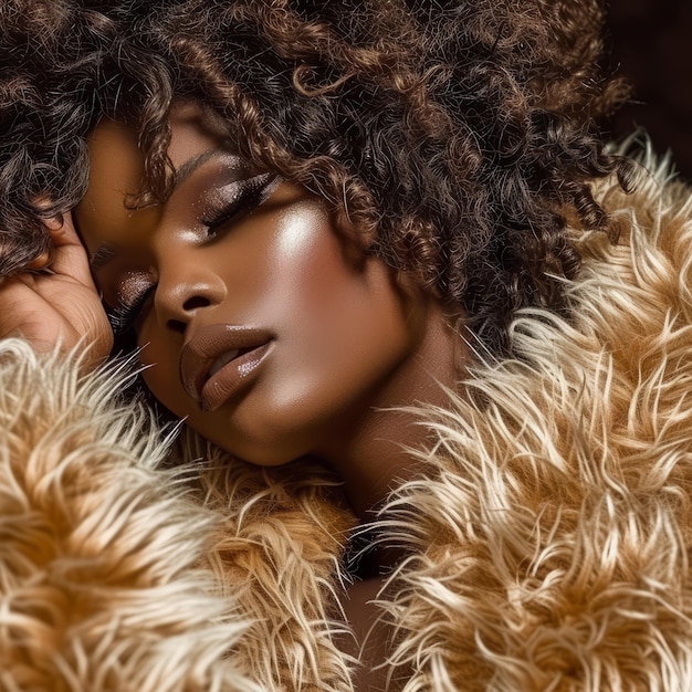 Une belle femme noire aux cheveux bouclés portant un manteau de fourrure