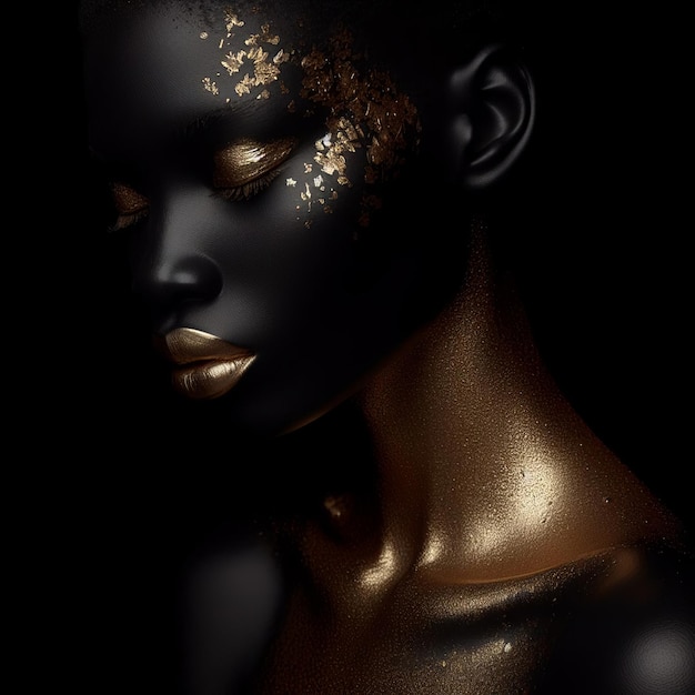 Belle femme noire avec bodyart doré sur fond noir