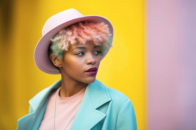 Photo belle femme noire avec des cheveux afro en gradient dans une illustration d'ia générative de chapeau