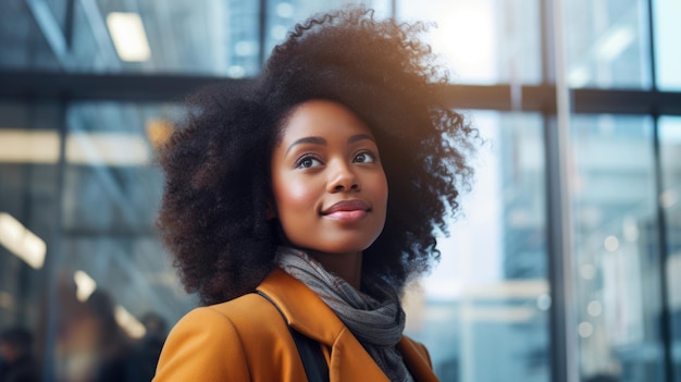 Belle femme noire sur fond de bureau flou Femme d'affaires moderne générée par l'IA