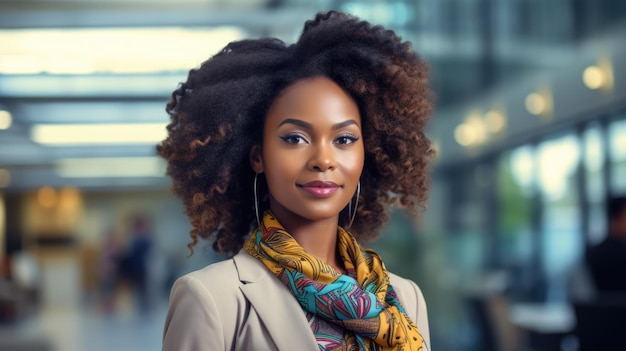 Belle femme noire sur fond de bureau flou Femme d'affaires moderne générée par l'IA