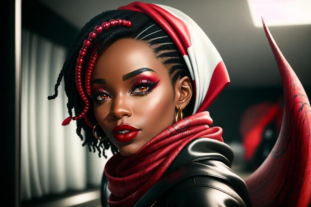 une belle femme noire avec un foulard rouge et un foullard noir