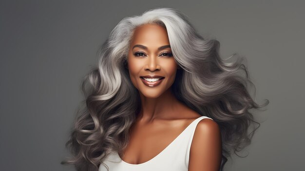 Photo une belle femme noire avec de longs cheveux argentés.