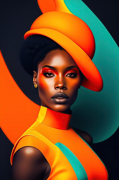 Belle femme noire avec oiseau Toucan Color blocking orange et sarcelle Portrait lumineux d'un modèle