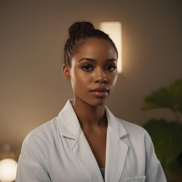 Une belle femme noire en pyjama blanc.