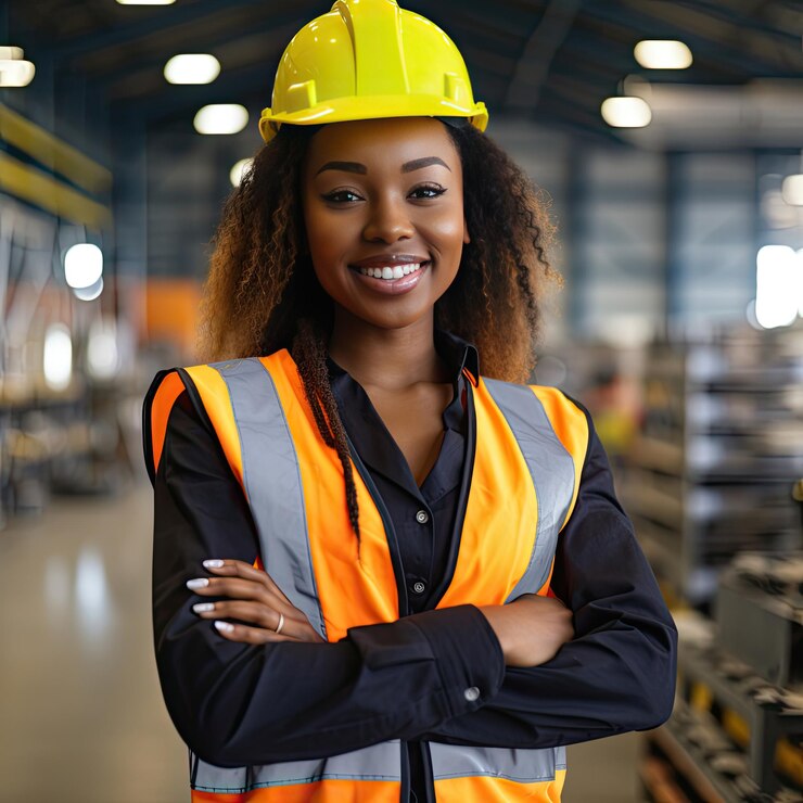 Une belle femme noire souriante à la caméra Ingénieure en gilet de sécurité et casque de protection Femme noire professionnelle travaillant dans l'usine de fabrication moderne Generative Ai