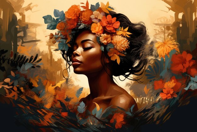 Belle femme noire souriante avec des feuilles brunes sur les cheveux Beauté et nature IA générative