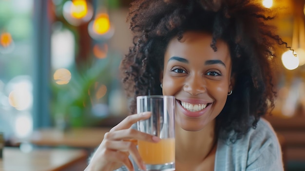 Une belle femme noire en train de boire du jus dans un café