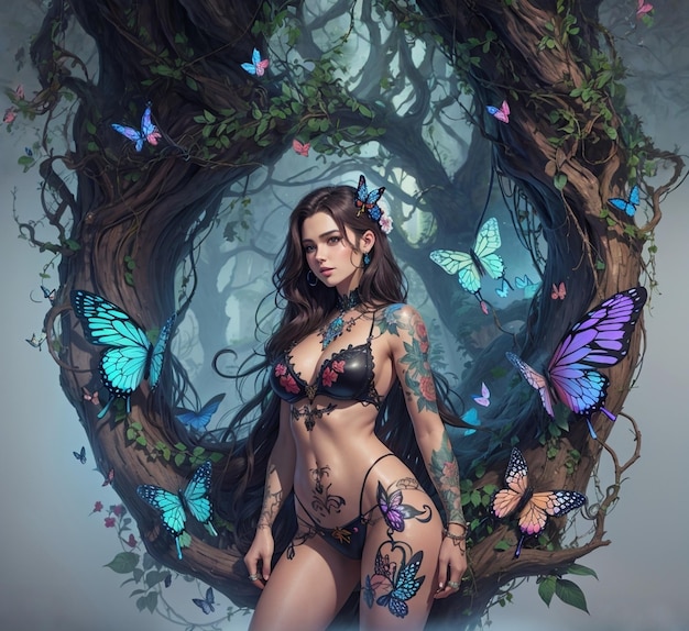 Belle femme avec papier peint tatouage papillon