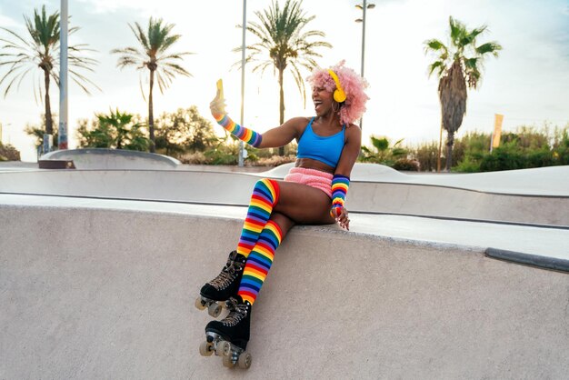 Belle femme patinant avec des patins à roulettes et s'amusant