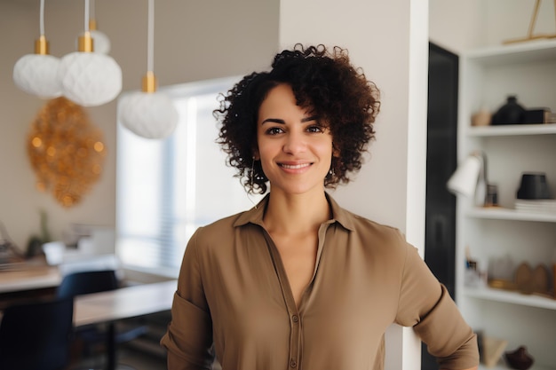 Belle femme à la peau bronzée et aux cheveux bouclés