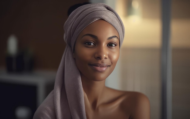 Belle femme à la peau foncée avec une serviette sur la tête