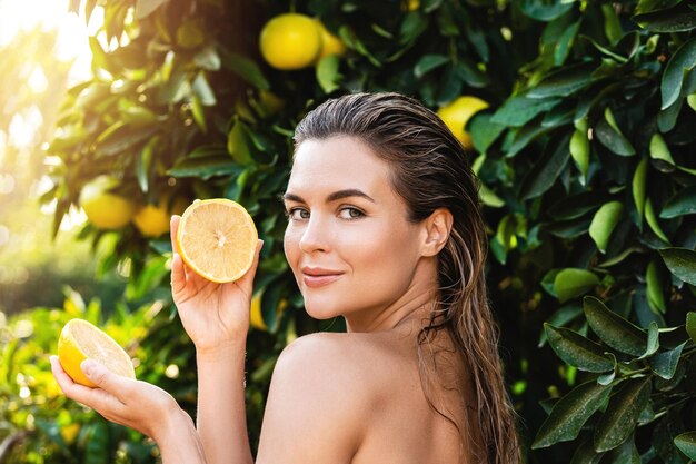 Belle femme à la peau lisse avec un citron dans les mains