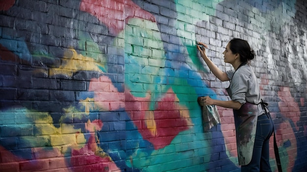 Une belle femme peint un mur de briques.