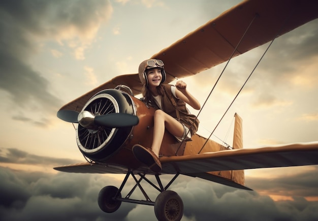 Photo belle femme pilote avec un avion vintage volant dans le ciel au coucher du soleil generative ai