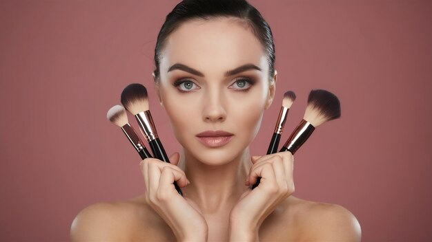 Belle femme avec des pinceaux de maquillage près de son visage jolie fille pose avec des outils cosmétiques