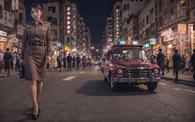 Belle femme de police thaïlandaise asiatique la nuit de la rue IA générative