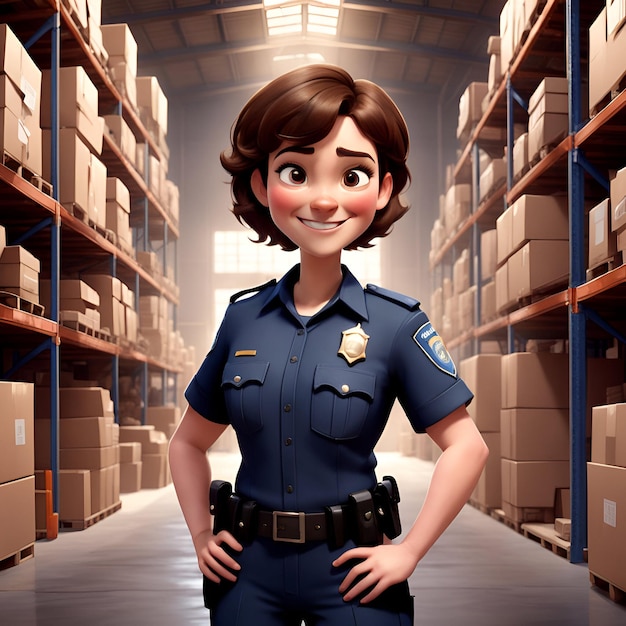 Photo une belle femme policière dans un entrepôt dans le style des dessins animés