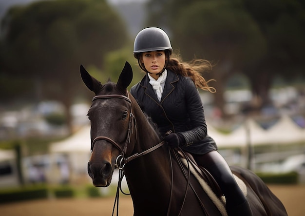 Une belle femme portant un casque et montant un cheval dans une arène équestre