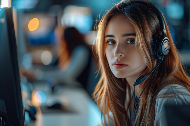 Une belle femme portant un casque qui regarde un écran d'ordinateur