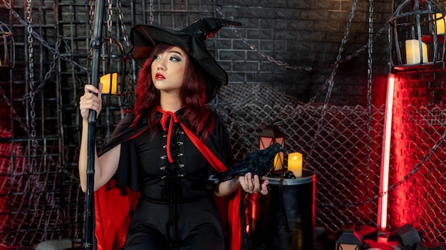 Belle femme portant un costume de sorcière tenant un corbeau de poupée et du personnel sur le thème d'halloween