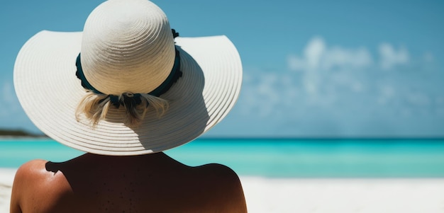 Une belle femme portant un grand chapeau de soleil relaxant sur une plage en regardant l'océan ai générative