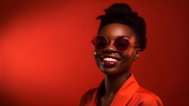 Une belle femme portant des lunettes de soleil rouges se tient devant un fond rouge