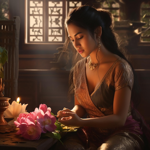 Photo une belle femme portant une robe jaune thai loi krathong décorée de fleurs, de bougies et d'encens