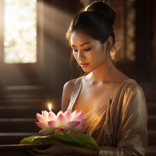 Photo une belle femme portant une robe jaune thai loi krathong décorée de fleurs, de bougies et d'encens